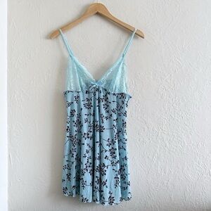 Y2K Blue Mesh Lace Floral Print Mini Babydoll Dress Size L